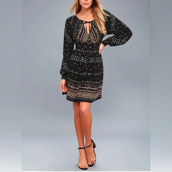 Free People Coryn Mini Dress Black Printed Open Back Long Sleeve Size 2 - Picture 4 of 15